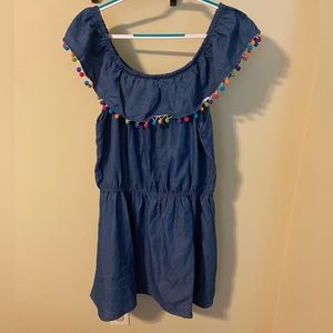 New Look Flounce Off Shoulder W/ Pom Pom Trim Dress EUC